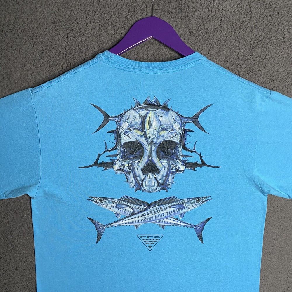 Columbia PFG T-Shirt Men’s Blue Short Sleeve Size Medium Fish Skull Graphic